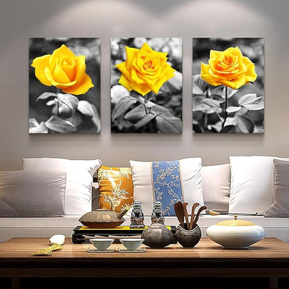 Lapremoly Black And White Wall Paintings Canvas Wall Art For Bedroom Wall Decor For Kitchen Living Room Office Decorations Yellow Rose Flowers Pictures Modern Room Home Walls Artwork Decor 3 Piece