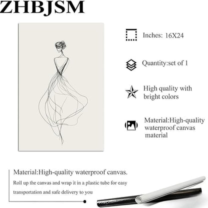 Elegant Woman Line Art Wall Art Modern Minimalist Back View Figure Sketch Neutral Tone Black Beige Home Living Room Bedroom Entryway Sophisticated Artistic Interior Decor Statement Piece 16x24 Inch Unframed