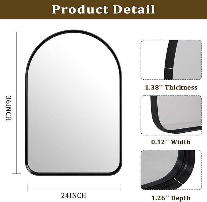 36"x24" Arched Bathroom Mirror - Modern Black Mirror for Wall with Rounded Corners, Bathroom Mirror for Vanity, Aluminum Alloy Framed Mirror - for Living Room, Bedroom, Cloakroom