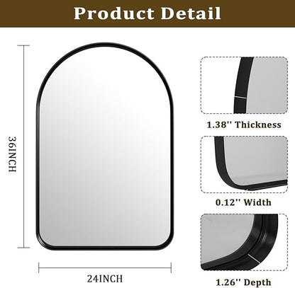 36"x24" Arched Bathroom Mirror - Modern Black Mirror for Wall with Rounded Corners, Bathroom Mirror for Vanity, Aluminum Alloy Framed Mirror - for Living Room, Bedroom, Cloakroom