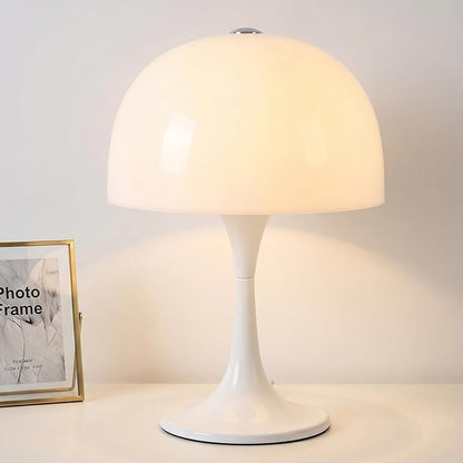 Modern Sleek Table Lamp for Bedroom, 3-Light LED End Table Lamp for Living Room, Office, Milky White Acrylic Shade Metal Mushroom Desk Lamp for Bedside Night Light, White Base
