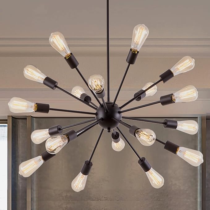 Sputnik Chandeliers Black, Modern 18-Light Farmhouse Pendant Light Mid Century Starburst Lighting Vintage Industrial Ceiling Hanging for Living Dining Room, Bedroom, Kitchen Island, Foyer, Hallway