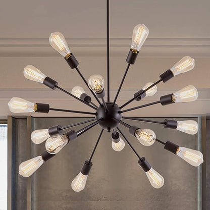 Sputnik Chandeliers Black, Modern 18-Light Farmhouse Pendant Light Mid Century Starburst Lighting Vintage Industrial Ceiling Hanging for Living Dining Room, Bedroom, Kitchen Island, Foyer, Hallway