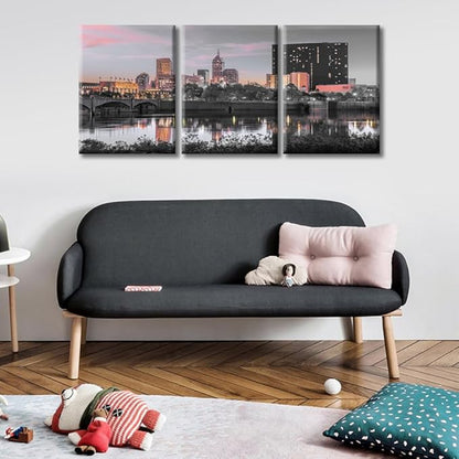 TUMOVO Wall Decor Indianapolis Indiana Skyline Wall Art White River at Dusk City Skyline Wall Decor for Living Room 3 Piece Contemporary Home Decor Framed Ready to Hang (36" Wx16 H)