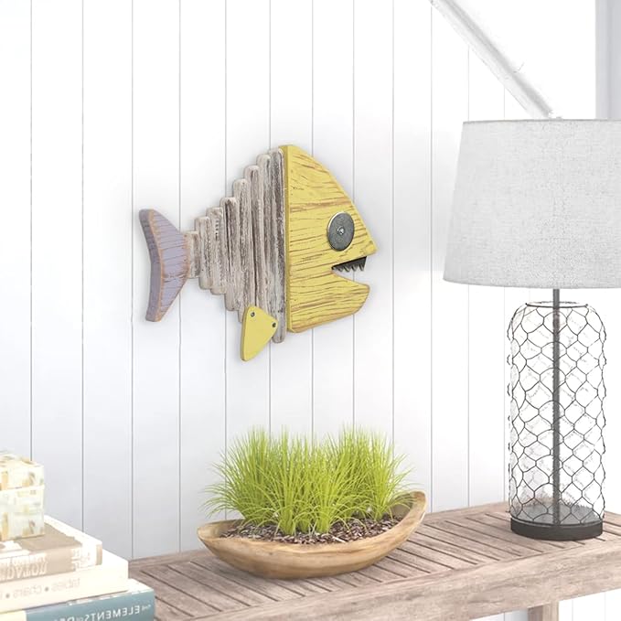 Driftwood Fish Nautical Wall Decor - Handmade Wooden Rustic Coastal Wall Art for Living Room, Bedroom, Office, Bathroom - Ocean Beach Decoration (Chomper)