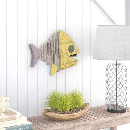 Driftwood Fish Nautical Wall Decor - Handmade Wooden Rustic Coastal Wall Art for Living Room, Bedroom, Office, Bathroom - Ocean Beach Decoration (Chomper)