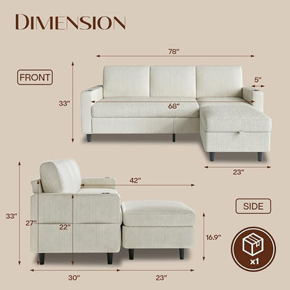 Convertible Sectional Couches for Living Room, 3 Seats L Shaped Sofa with Storage Ottoman and 2 Cup Holders, Modern Corduroy Couch Small Sofas for Small Space Apartment Office, Beige