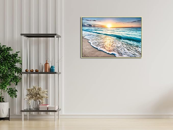 Wieco Art Framed Art Sea Waves Canvas Prints Wall Art Abstract Seascape Paintings for Living Room Home Decorations Large Framed Canvas Art Sea Artwork Golden Frame