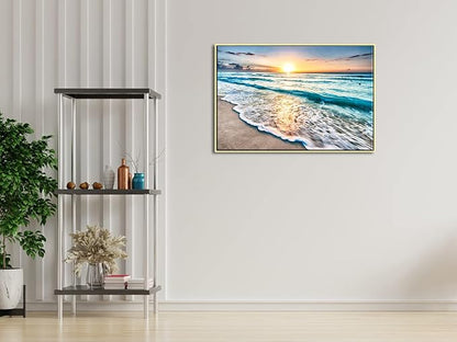 Wieco Art Framed Art Sea Waves Canvas Prints Wall Art Abstract Seascape Paintings for Living Room Home Decorations Large Framed Canvas Art Sea Artwork Golden Frame