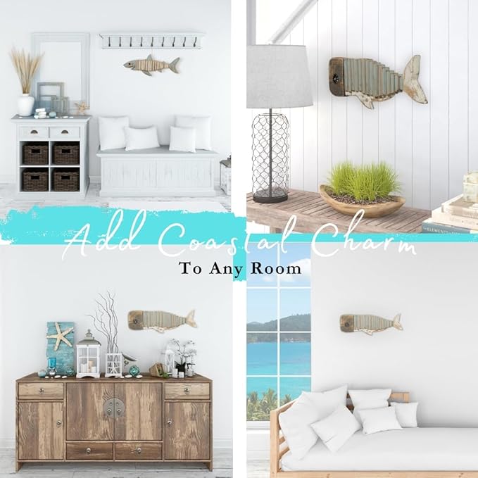 Driftwood Fish Nautical Wall Decor - Handmade Wooden Rustic Coastal Wall Art for Living Room, Bedroom, Office, Bathroom - Ocean Beach Decoration (Wally)