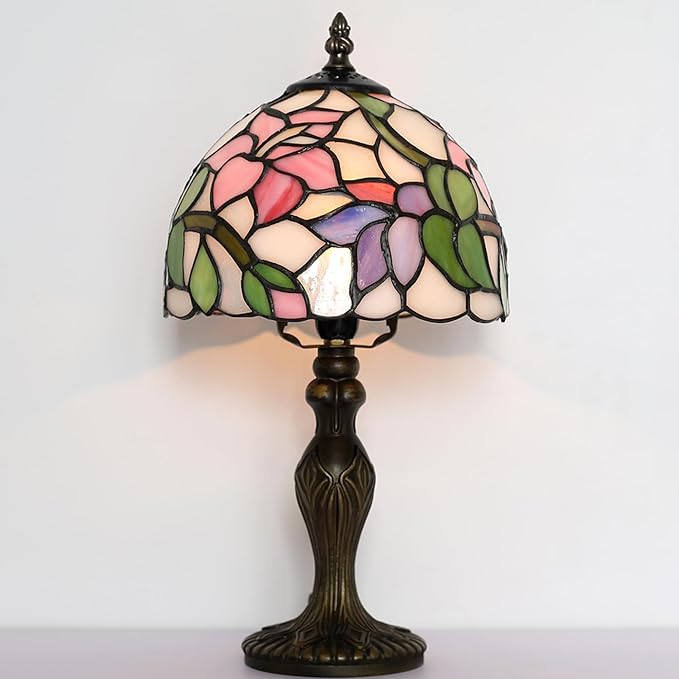 Tiffany Style Lamp Stained Glass Table Lamp 8 x 14.5” Pink Flower Design Mini Accent Lamp Small Decorative Bedside Memory Light