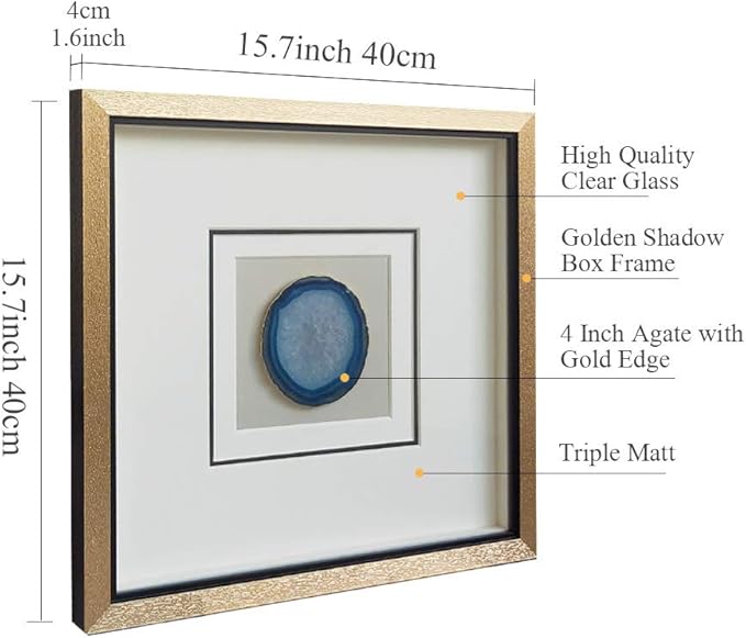 Handmade 15.7"x15.7" Gold Edge Natural Agate Wall Art with Shadow Box Frame Front Glass for Living Room Bedroom Home Decoration
