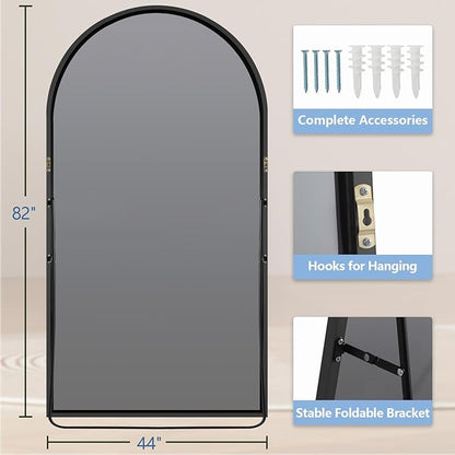 Large Standing Mirror Full Length, 82"X44" Oversized Arched Floor Mirror Black Full Length Mirror with Stand, Hanging or Wall Mounted for Bedroom Living Room Clothing Store Gym, Tempered Glass