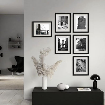 11x14 Picture Frame Set of 6 with Plexiglass, Display Pictures 8x10 with Mat or 11x14 Without Mat for Tabletop Display and Wall Mounting Black