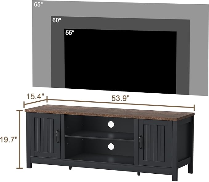 ChooChoo 54" Farmhouse TV Stand for TVs up to 65 inches, Entertainment Center with Storage Cabinets, Open Shelves and Fluted Door, TV Console Table for Living Room, Bedroom, Black