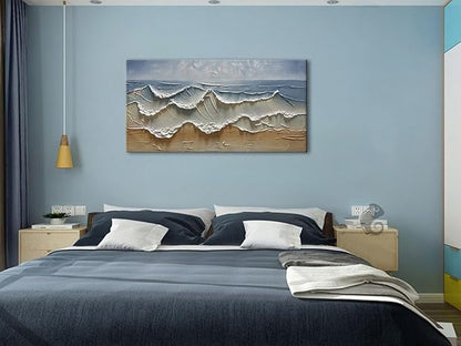 Slyart Abstract Blue Ocean Wave Wall Art, Textured Oil Painting on Canvas Relief Wall Art, 24" x 48" Abstract Modern Sea Artwork Wall, Neutral Wall Decor