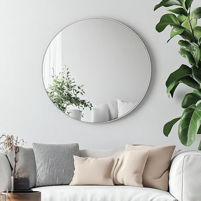 Oruii Silver Round Mirror, Round Mirror 24 inch Brushed Nickel, Circle Wall Mirrors Metal Frame, Silver Circular Mirrors for Bathroom, Wall, Living Room, Entryway, Hallway, Vanity, Rustic