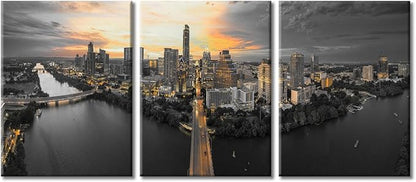 TUMOVO Austin Texas Skyline with Sunset Canvas Wall Art City Skyline Posters and Prints Bathroom Decor Wall Art 3 Panel Print on Canvas Stretched and Framed Ready to Hang (36" Wx16 H)