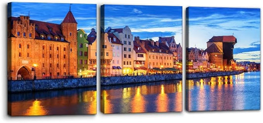 Pacimo 3 Pieces Framed Wall Art Decorations Wisla River Landscape Painting Print on Canvas Gdansk Poland Cityscape Wall Art for Home Office Decor Modern Artwork Stretch Ready to Hang - 12"x16"x3