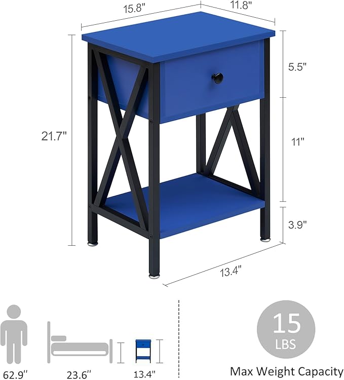 VECELO Nightstands, Modern Bedside End Tables Set of 2, Night Stand with Drawer and Storage Shelf for Living Room Bedroom, Industrial Metal Frame