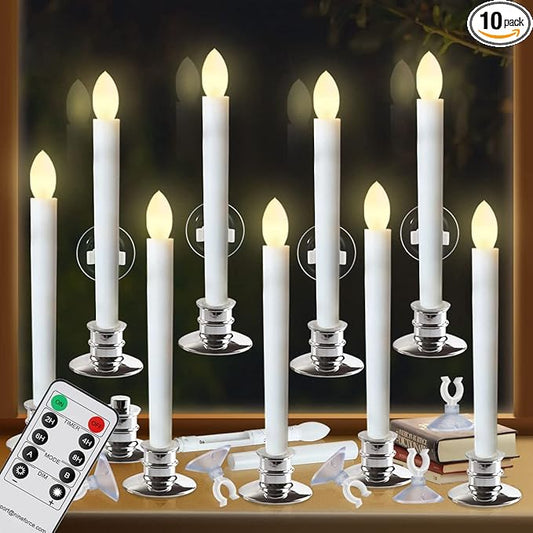 10 Pack Flameless Taper Candles with Remote/Timer & Suction Cup, Battery Operated Flickering LED Window Candles, Vintage Christmas Electric Fake Candlesticks, Silver Holder