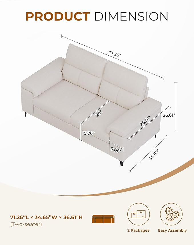 Upvilla 71.25" Modern Sofa Couch for Living Room, Deep Seat Sofas with 8”Cushion, Comfy 2-Seater Chenille Loveseat with Convertible Armrest, Removable Sofa Cover, High Leg (Beige)