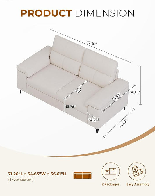 Upvilla 71.25" Modern Sofa Couch for Living Room, Deep Seat Sofas with 8”Cushion, Comfy 2-Seater Chenille Loveseat with Convertible Armrest, Removable Sofa Cover, High Leg (Beige)