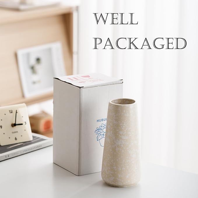 Beige Vase - 8" White Textured Pampas vase, Boho Rustic Vases for Home Decor, Farmhouse Decor, Minimalist Cream Modern Flower vases for Centerpieces, Living Room, Bedroom
