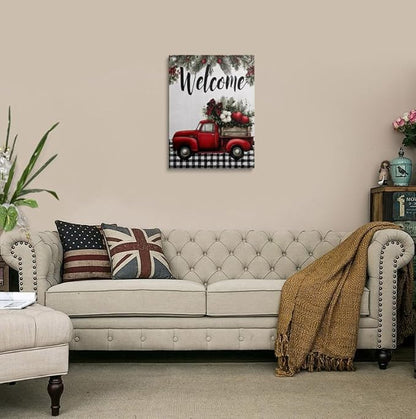Farmhouse Christmas Welcome Canvas Wall Art Framed Rustic Red Truck Wall Decor with Holly Pine Branches Vintage Holiday Artwork Print Poster for Living Room Front Door 16x24 Inches