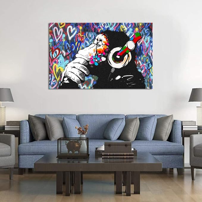 Monkey Graffiti Wall Art - Thinking Monkey Poster, Funny Picture, Painting Print on Canvas, Suitable for Home Wall Decor - Framed, Ready to Hang - 28x44inch