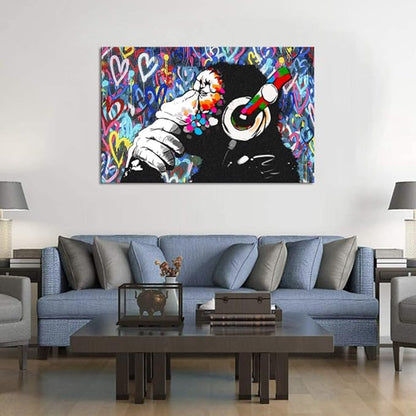 Monkey Graffiti Wall Art - Thinking Monkey Poster, Funny Picture, Painting Print on Canvas, Suitable for Home Wall Decor - Framed, Ready to Hang - 28x44inch