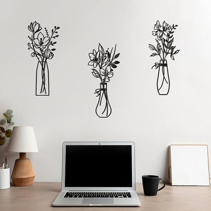 Zzbakress 3 Pcs Metal Flowers Wall Arts Rustic Farmhouse Decor Bathroom Wall Decor Metal Wall Decor for Living-room Dining-Room Kitchen Minimalist Decor Housewarming Gifts(Black)