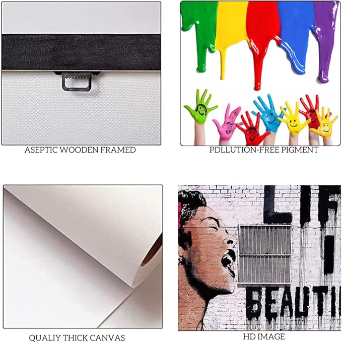 Large Banksy Street Graffiti Women Wall Art Life is Beautiful Graffiti Pop Art Posters Canvas Paintings Artwork for Home Office Decoration Stretched and Framed Ready to Hang - 44"W x 28"H