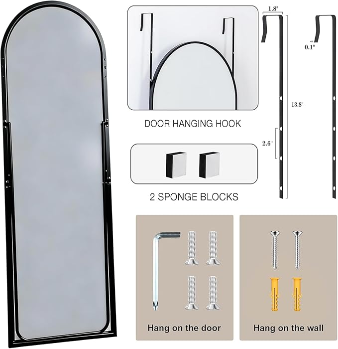 Dewfig Door Mirror with Stand, Arched Full Length Mirrors Over The Door, 16"x 50" Hanging or Wall Mirror, Full Body Mirrors for Bedroom,Living Room,Black