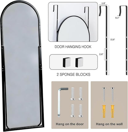 Dewfig Door Mirror with Stand, Arched Full Length Mirrors Over The Door, 16"x 50" Hanging or Wall Mirror, Full Body Mirrors for Bedroom,Living Room,Black