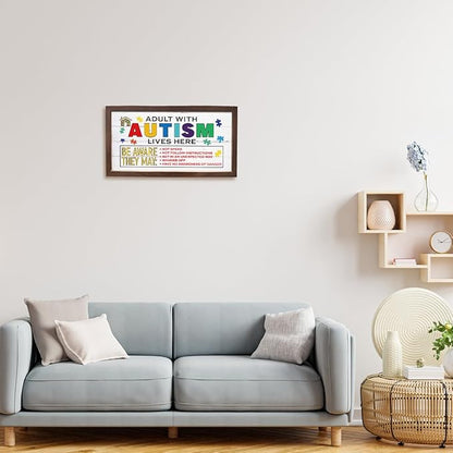 Colorful Autism Awareness Sign, Wall Decor Art, Modern Farmhouse Wood Signs, Autistic Support Wooden Plaque for Home, Wooden Framed Wall Decor, Adult with Autism Lives Here Sign 15×7.5×0.3 inches