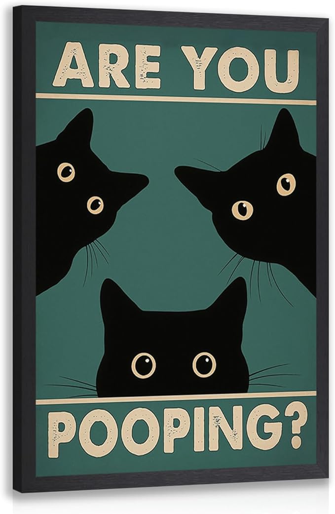 Cyebmo Funny Black Cat Bathroom Wall Art, Whimsical Toilet Humor Wall Decor, “Are You Pooping?” Cat Art Print, Three cats Poster Print for Restroom BathRoom Wood Framed Ready to Hang 12x16 Inch