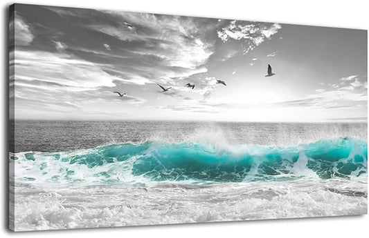 yearainn Large Ocean Canvas Wall Art for Living Room Wall Decor Teal Sea Wave Canvas Prints Artwork Seagull Birds Canvas Pictures for Bedroom Home Office Wall Decorations Ready to Hang 20" X 40"