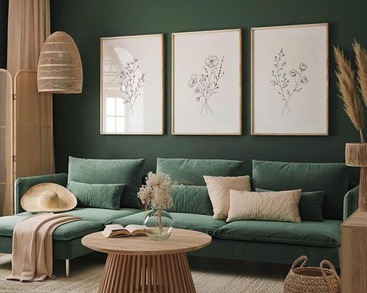HLUSSBLIEB solid wood frame，3Pcsbeige floral art，minimalist botanical line art，modern black and white wall art，Neutral Botanical Floral Wall Art，for Living Room Bedroom Office （12 * 16in）