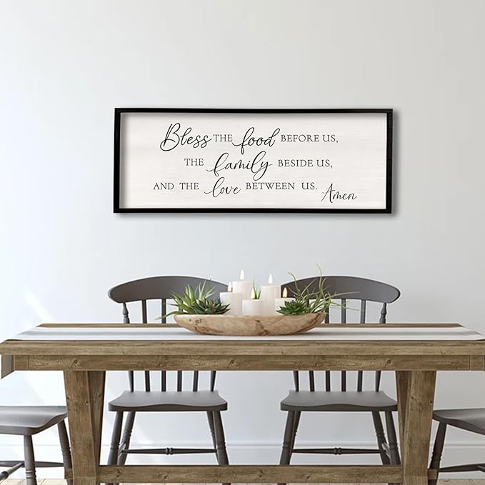 Bless the Food Before Us Wall Decor Sign 40" X 15" Dining Room Wall Decor Framed Wood for Large Farmhouse Vintage Prayer Catholic Kitchen Wall Hanging Scripture Bible Verse Art (Black)