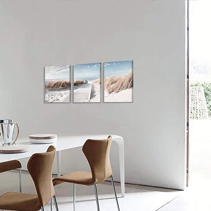 Hardy Gallery Coastal Beach Canvas Wall Art: Pathway to Shoreline Artwork Painting on Canvas for Office or Bedroom (16'' x 12'' x 3 Panels)