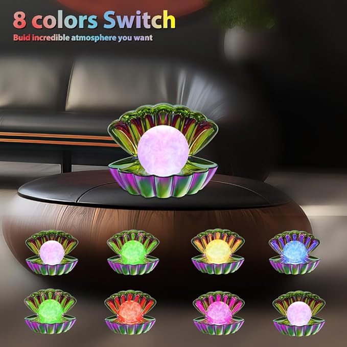 LKUA Shell Pearl Beach Themed Night Light, RGB 8 Colors Changing Mood Shell Pearl Lamps, Bedside LED Clamshell Portable Night Lights for Bar (Electroplating Colorful)