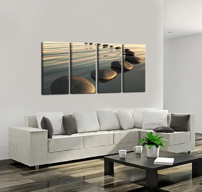 LevvArts - Large Zen Canvas Wall Art Basalt Stone at Sunset Relax Picture Spa Living Room Office Wall Decor Peaceful Scenery Artwork Framed Ready to Hang- 64" W x 32" H Overall