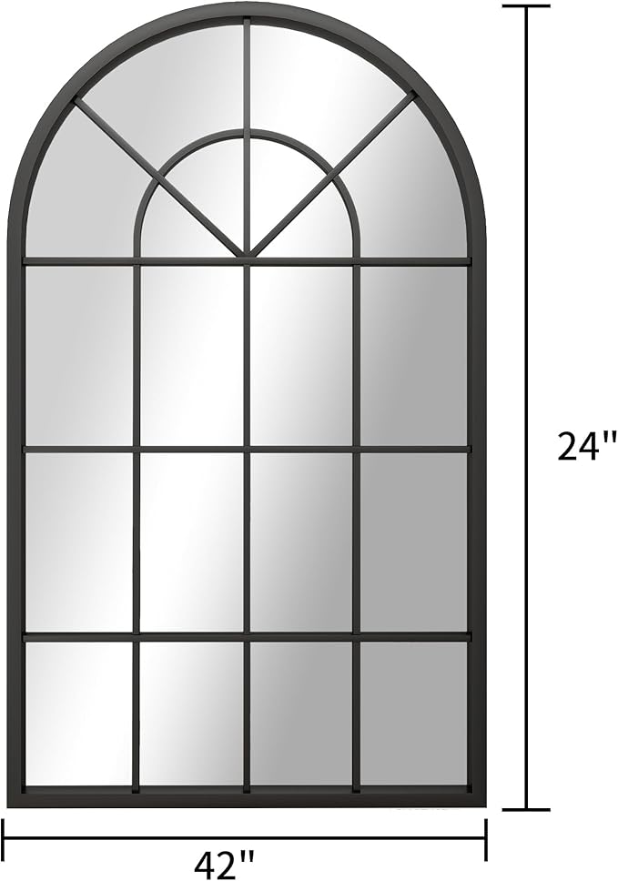 Arched Window Wall Mounted Mirror, 42"x24", Arched Window Pane Mirror Decorative for Entryway, Wall Decor Mirror for Bathroom Vanity, Living Room or Bedroom, Iron Frame, Black