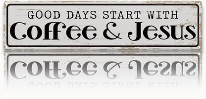 Coffee Signs for Coffees Station Decor, Good Days Start with Coffee & Jesus, Vintage Metal Tin Sign for Home Kitchen Garage Cafe Decor, Coffees Lover Gifts, Decorative Metal Wall Signs 15.8x4 Inches