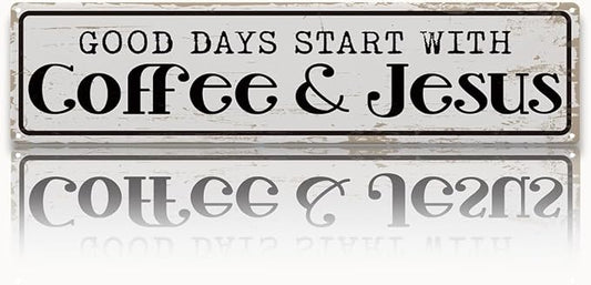 Coffee Signs for Coffees Station Decor, Good Days Start with Coffee & Jesus, Vintage Metal Tin Sign for Home Kitchen Garage Cafe Decor, Coffees Lover Gifts, Decorative Metal Wall Signs 15.8x4 Inches