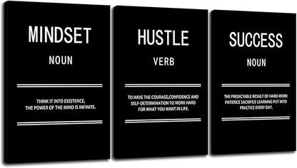 Inspirational Canvas Wall Art Mindset Hustle Success Office 3 Panel Print Motivational Poster Painting Modern Inspiring Artwork for Home Living Room BedRoom Gym Decor Ready to Hang [48''Wx 24''H]