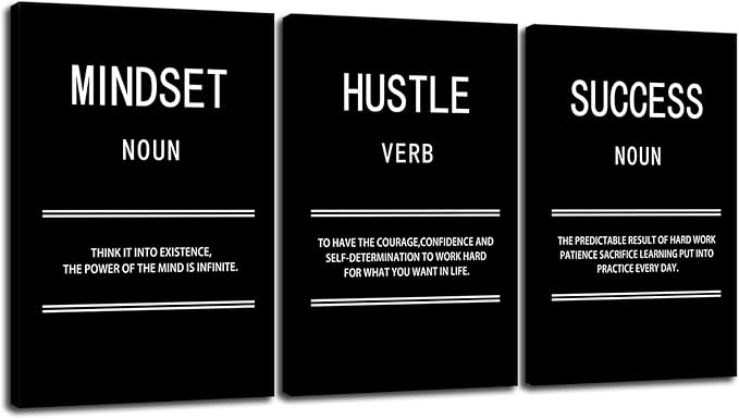 Hustle Mindset Success Motivational Canvas Wall Art for Office 3 Panel Print Inspirational Poster Painting Modern Inspiring Artwork for Home Living Room Gym Decor Ready to Hang [72''Wx 36''H]
