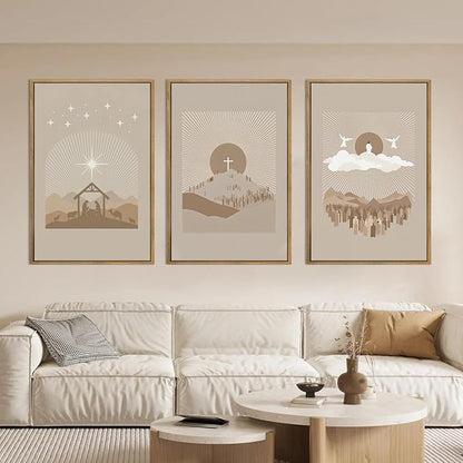 IARTTOP Extra Large Jesus Framed Wall Art 24x36 Inch Set of 3 Easter Brown Nativity Christian Canvas Wall Decor Grey Bible Verse Artwork for Church Living room Bedroom