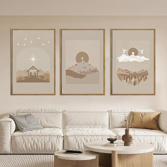 IARTTOP Extra Large Jesus Framed Wall Art 24x36 Inch Set of 3 Easter Brown Nativity Christian Canvas Wall Decor Grey Bible Verse Artwork for Church Living room Bedroom